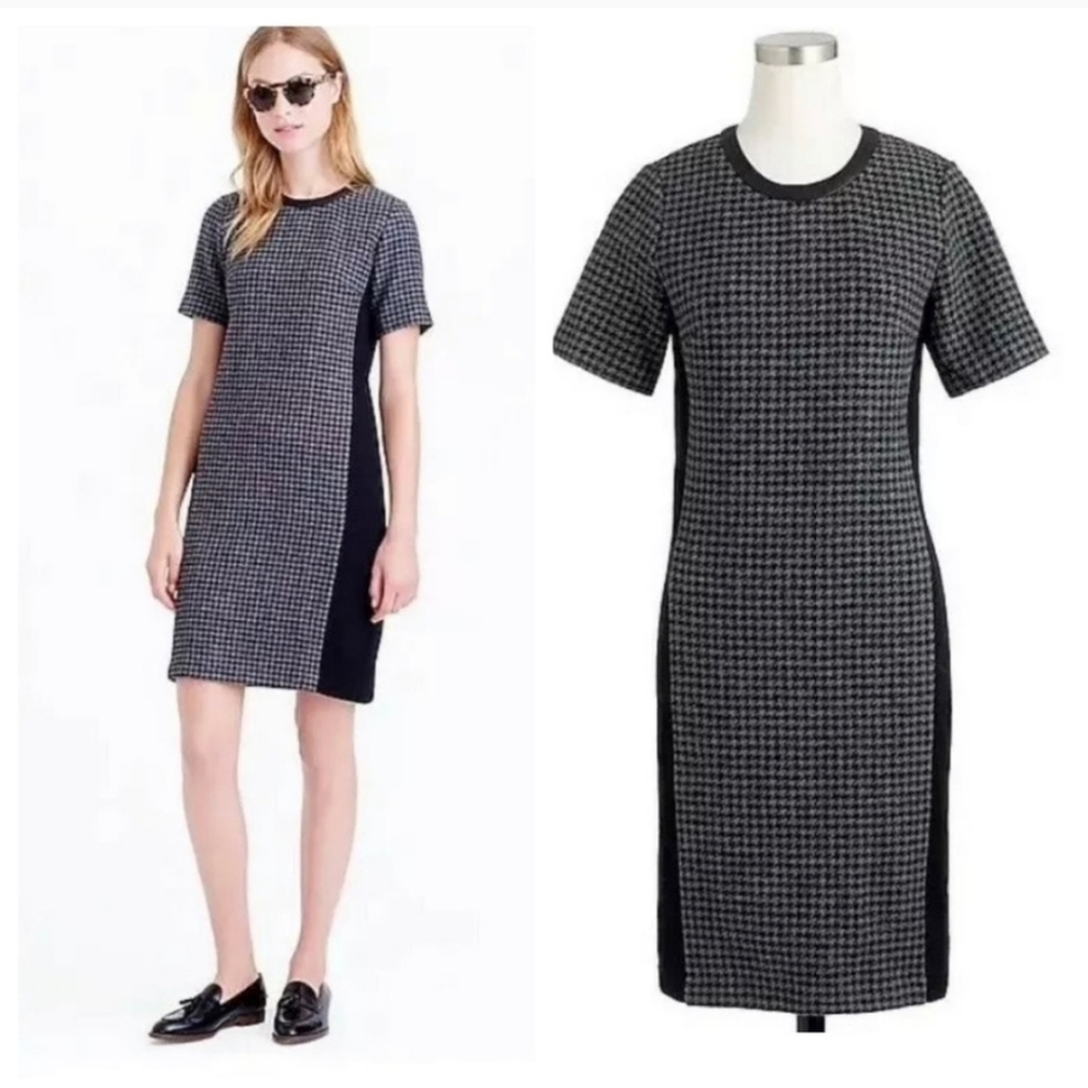 J. CREW SZ 0 houndstooth gray black wool blend career dress leather collar